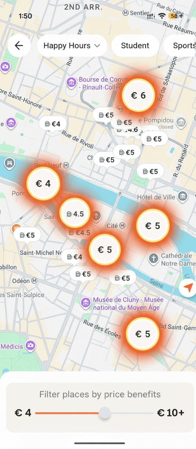 Map view showing venue prices