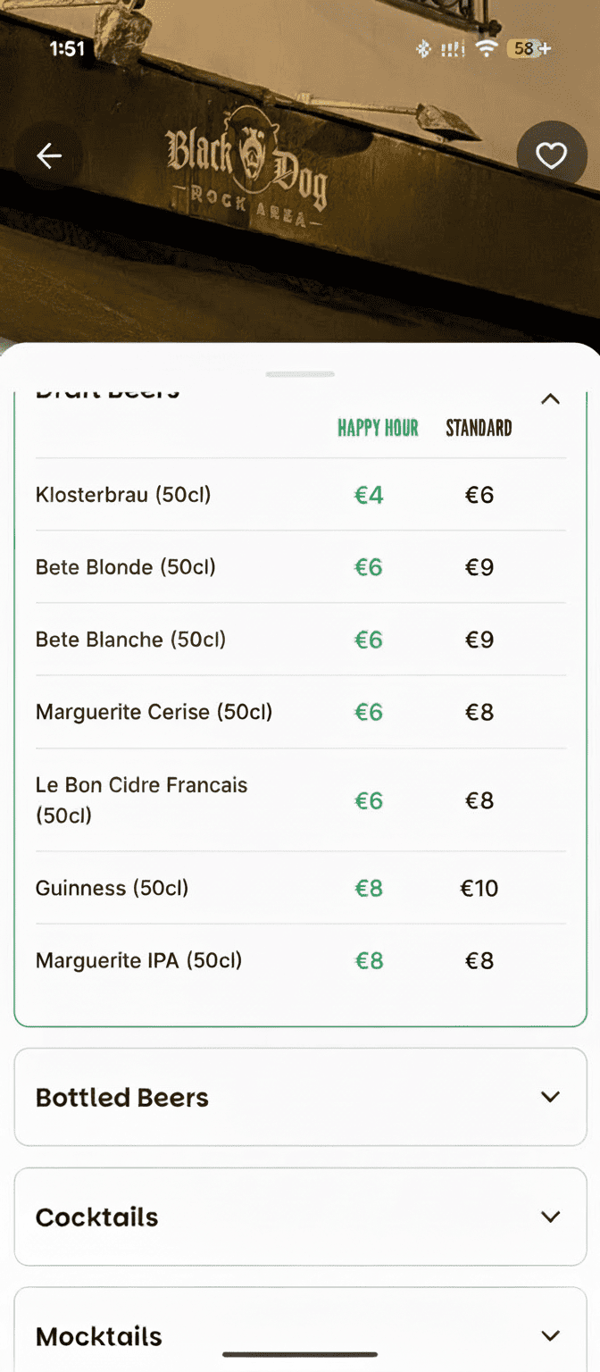 Venue menu with happy hour prices